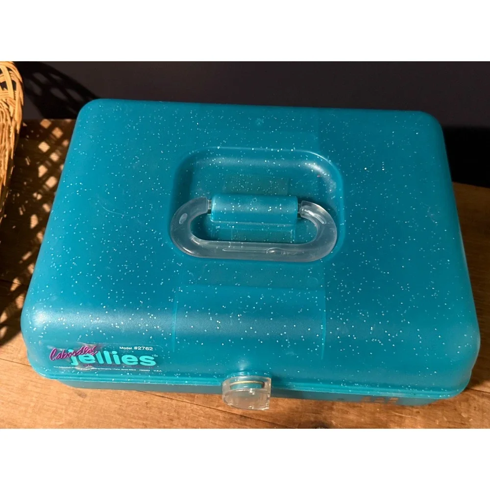 Vintage Caboodles Jellies Organizer Vanity Teal Blue Glitter Makeup Case 2762